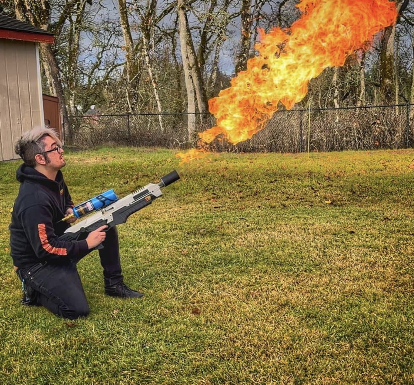 Super Scorcher Pyrotechnics launched with a replica of The Not A Flamethrower 